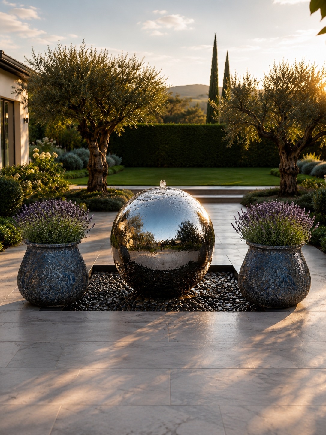 Aterno Polished Steel Sphere 100cm & Blue Planter Set | Large Water Feature | Aqua Moda