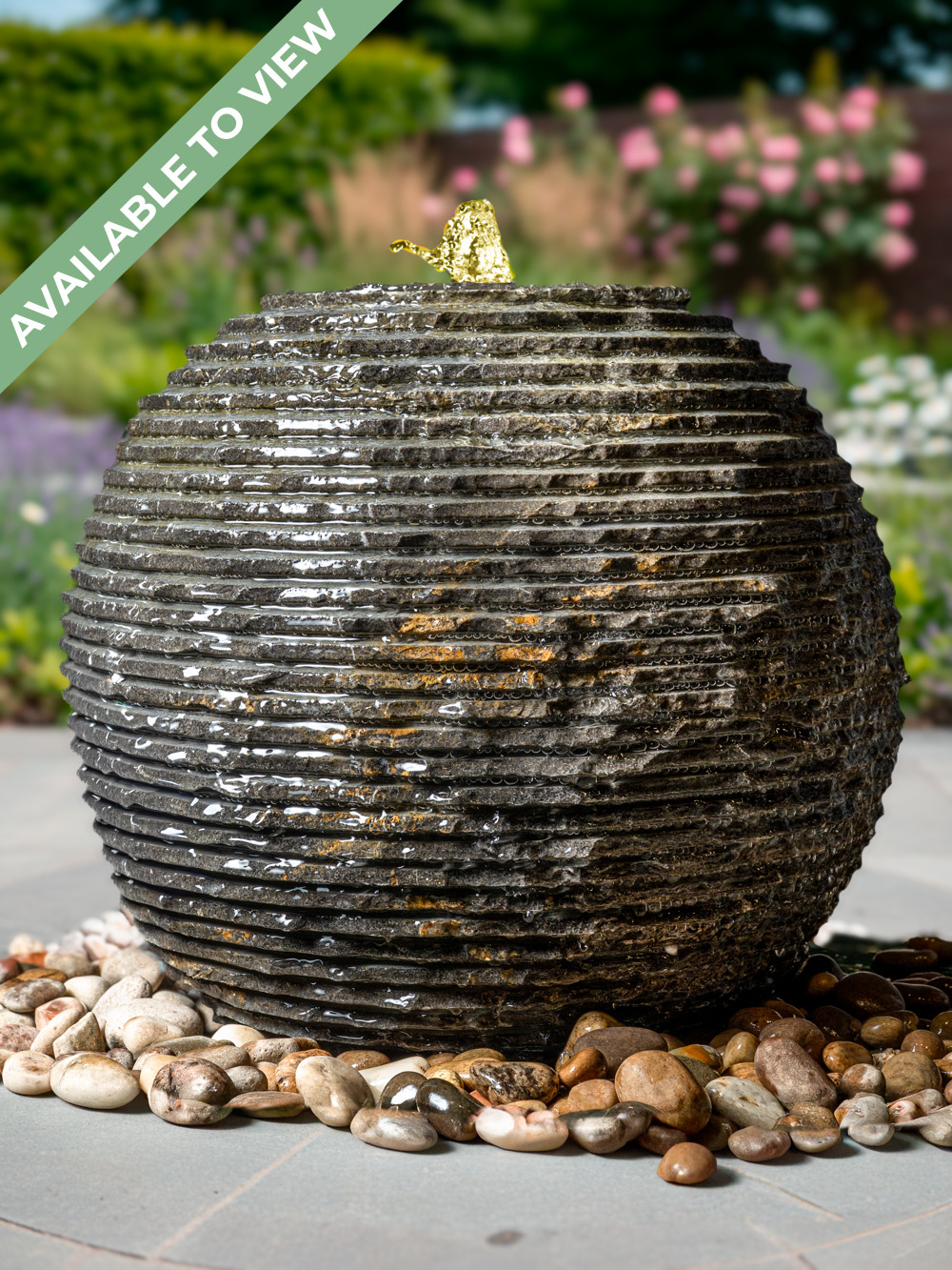 Monara Black Limestone Carved Sphere Water Feature | 45cm | Aqua Moda