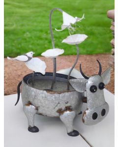 Metal Cow with Flowers Water Feature