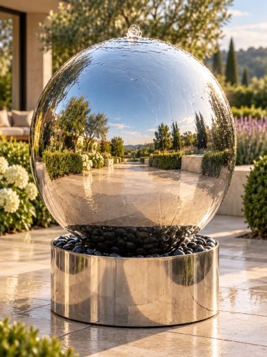 Aterno 100cm Polished Steel Sphere and Base Water Feature