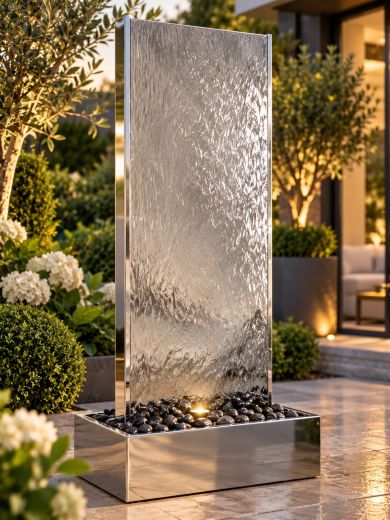 Staffora Polished Steel 1.42m Wall and Base Water Feature
