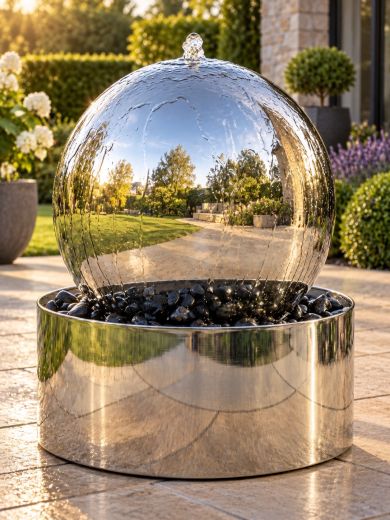 Aterno 45cm Polished Steel Sphere and Base Water Feature