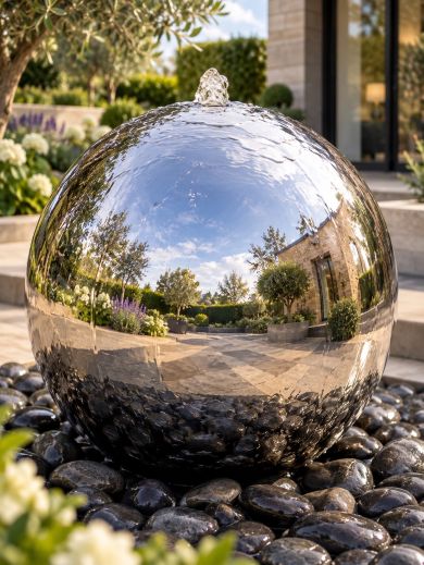 Solar Aterno 45cm Polished Steel Sphere Water Feature