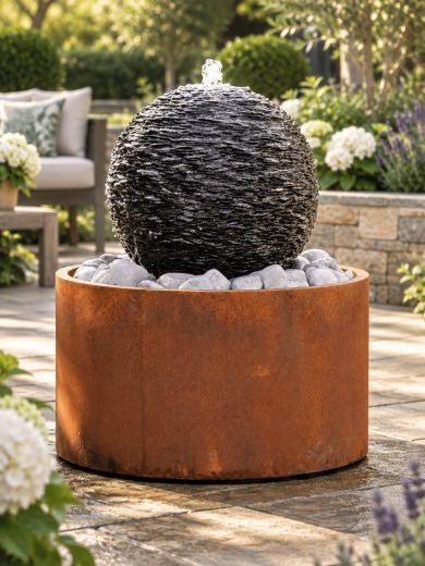 Monara Slate 50cm Sphere With Corten Base Water Feature