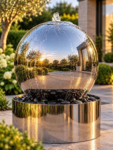 Solar Aterno 56cm Polished Steel Sphere and Base Water Feature