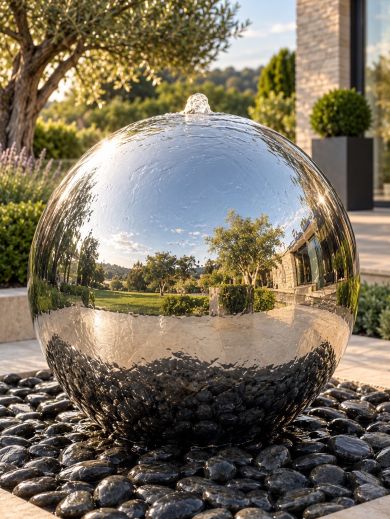 Aterno 75cm Polished Steel Sphere Water Feature