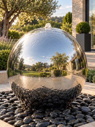 Solar Aterno 75cm Polished Steel Sphere Water Feature