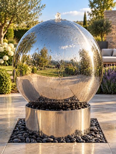 Aterno 75cm Polished Steel Sphere and Base Water Feature