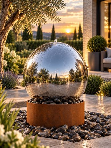 Aterno Polished Steel 75cm and Corten Base Water Feature