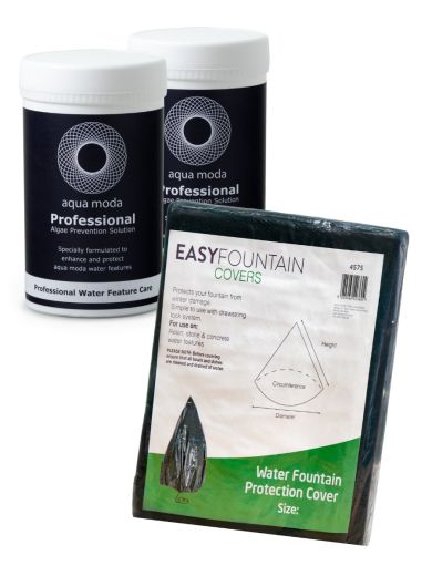 Package of Algae Prevention Solution and a fountain cover.