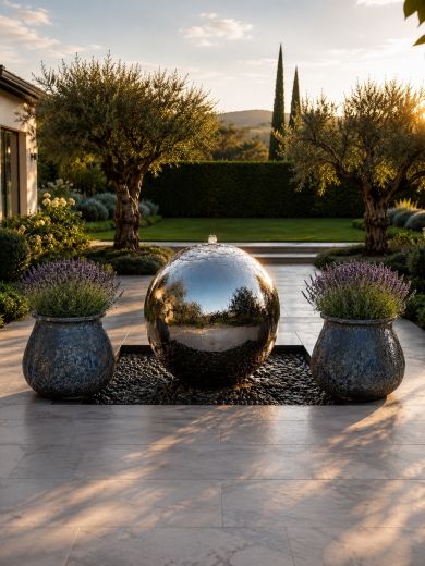 Aterno Polished Steel 100cm Sphere & Santorini Planter Set