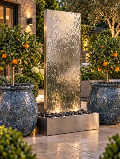 Staffora Polished Steel 1.42m Water Wall & Santorini Planter Set