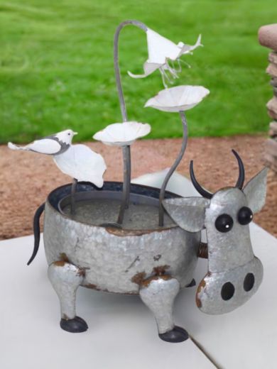 Metal Cow with Flowers Water Feature
