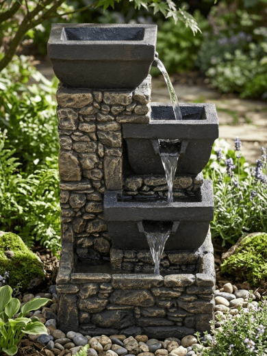 Solar Bowls on Stone Wall Water Feature
