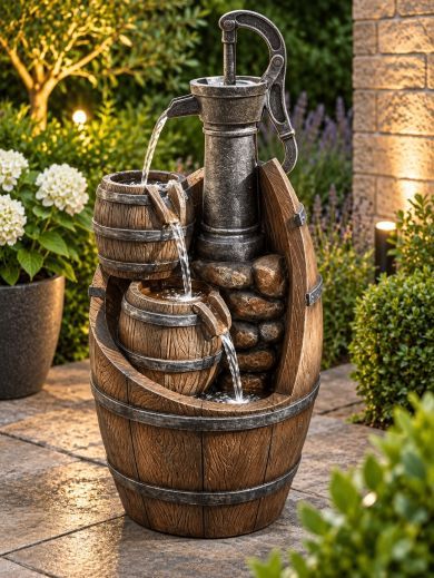 Solar Whisky Barrels Water Feature