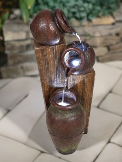 Solar Three Pots on Wood Water Feature