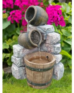 Medium Two Pots & Wooden Barrel Water Feature