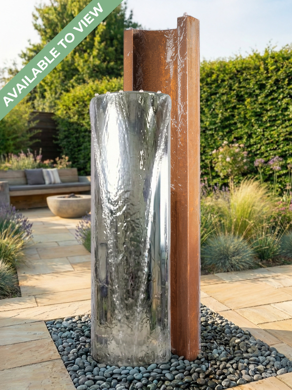 Serio Doppio Stainless & Corten Steel C Shape Duo Water Feature | 150cm | Aqua Moda