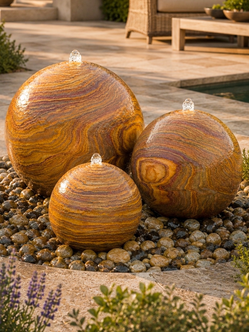 Lunari Rainbow Sandstone Sphere Trio Water Feature | 40cm 50cm 60cm | Aqua Moda