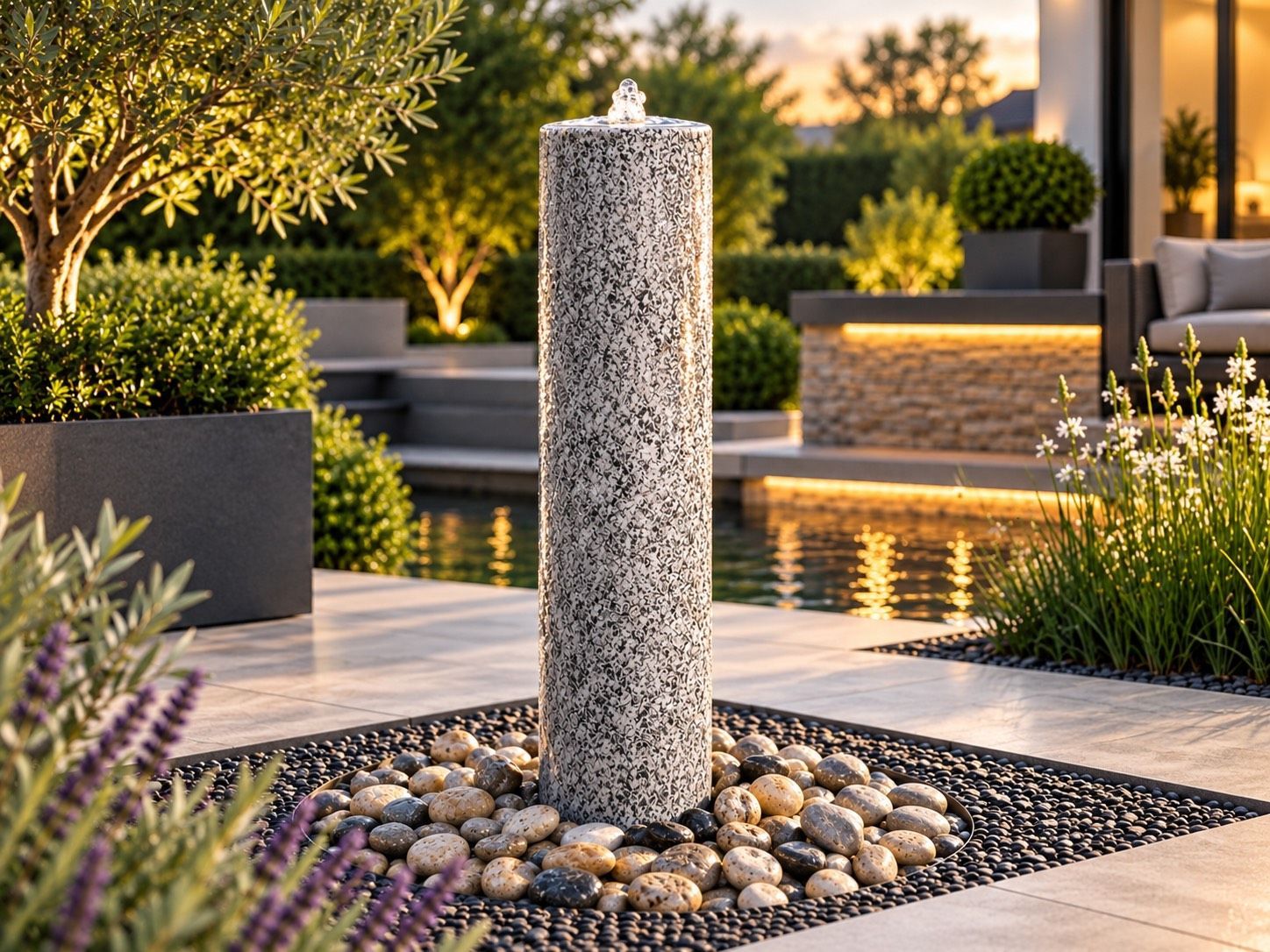 Caldera natural stone column water feature by Aqua Moda