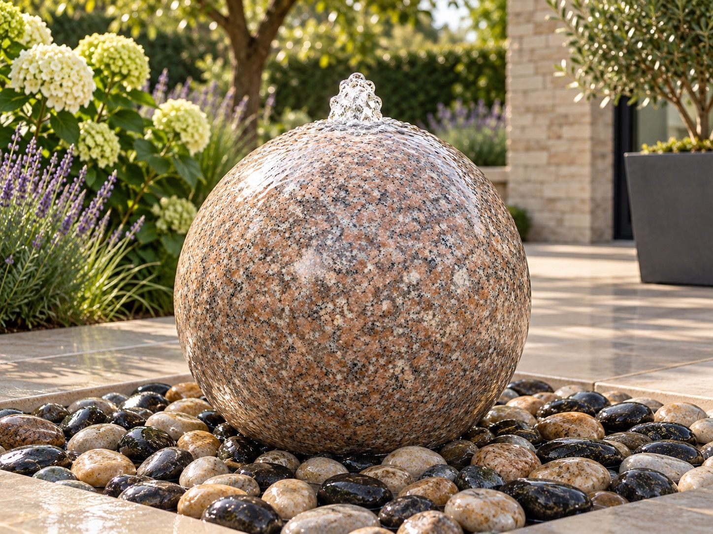 Granite water feature in a landscaped garden