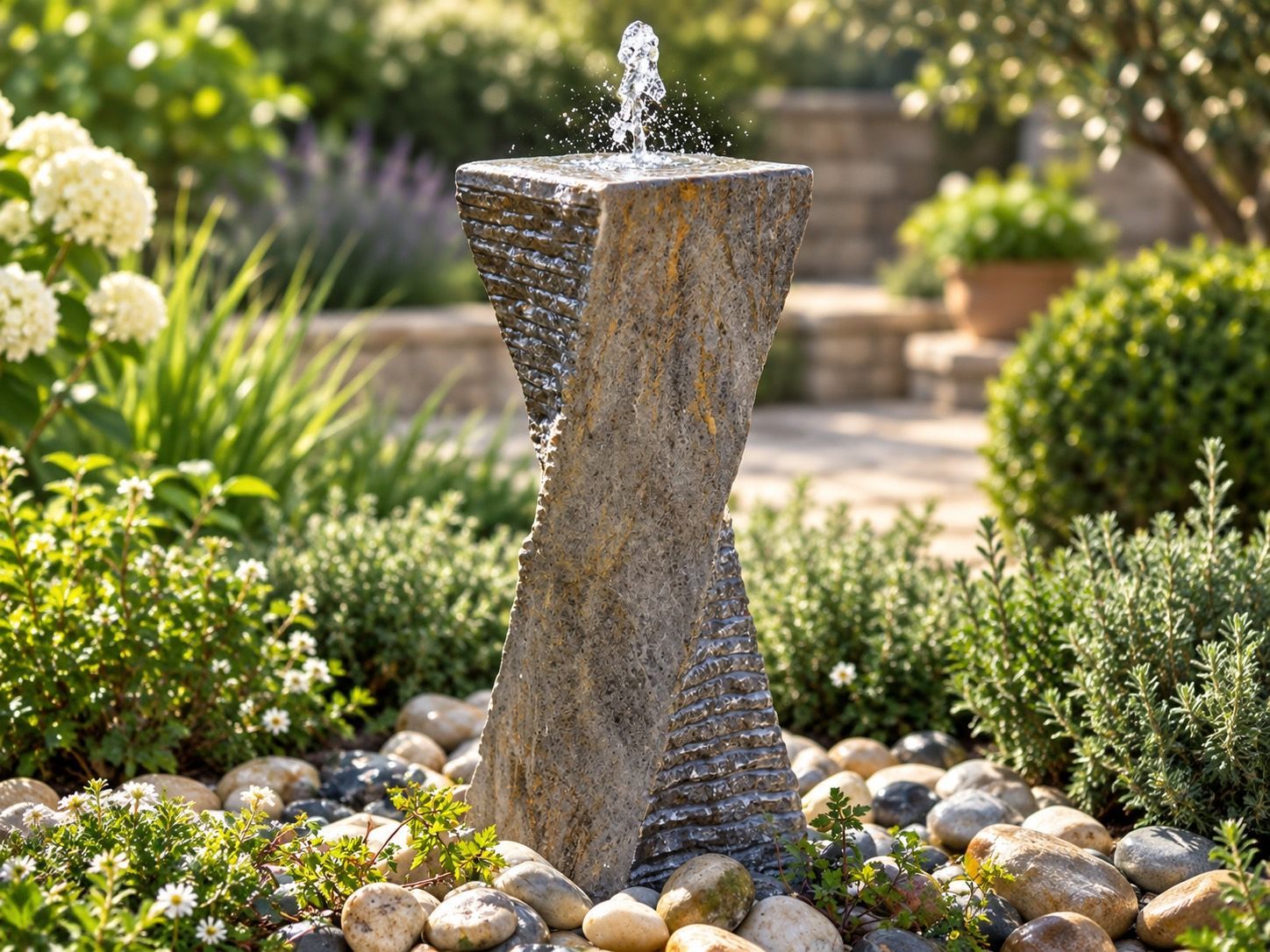 Malone hand-carved natural stone twist water feature by Aqua Moda