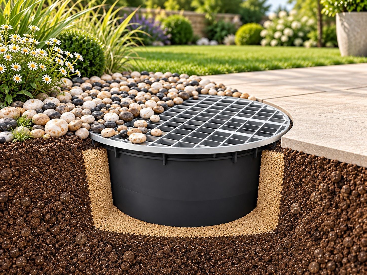 Heavy-duty pebble pool reservoir and grid for a garden water feature