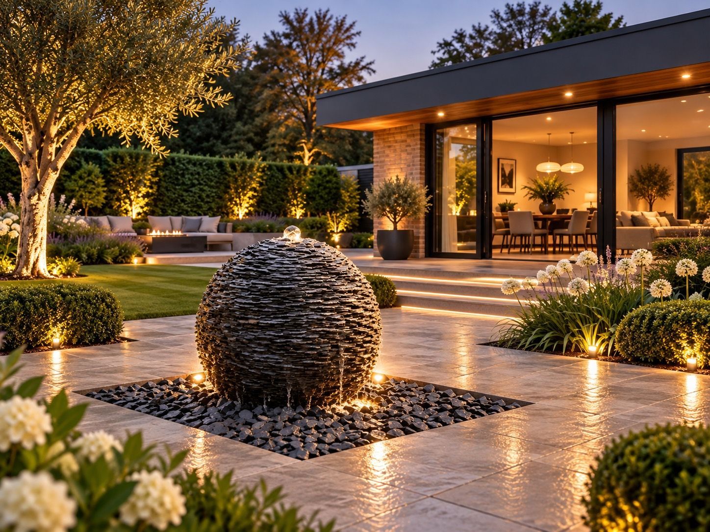 Slate water feature in a landscaped garden