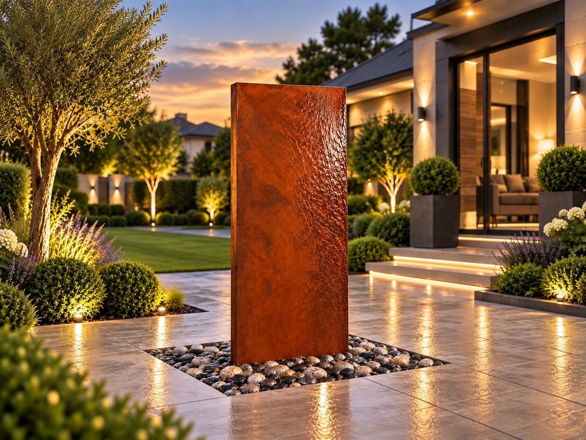 Staffora architectural steel water wall feature by Aqua Moda