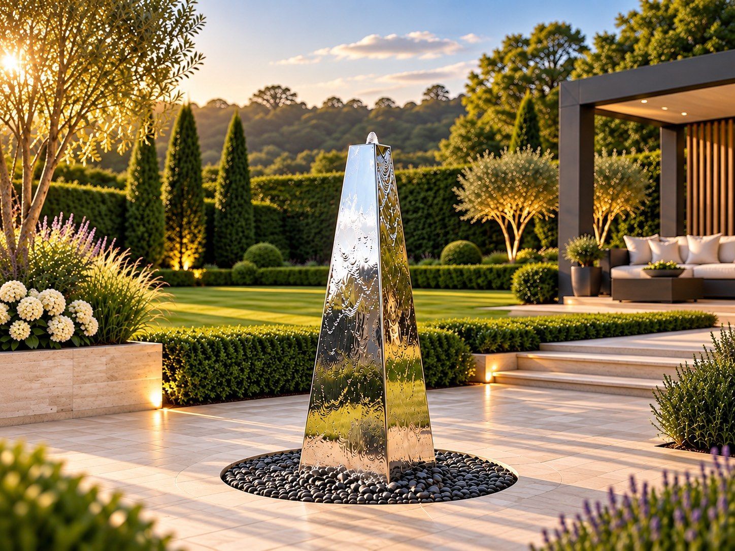 Tissino architectural steel pyramid water feature by Aqua Moda